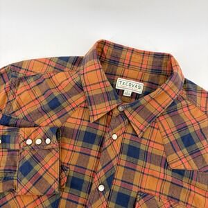 Tecovas Mens Large Pearl Snap Western Flannel Shirt Orange Navy Plaid L/S